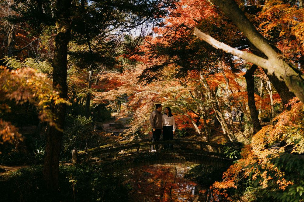 Two people strolling along a reflective pond surrounded by brilliant red and orange autumn trees.