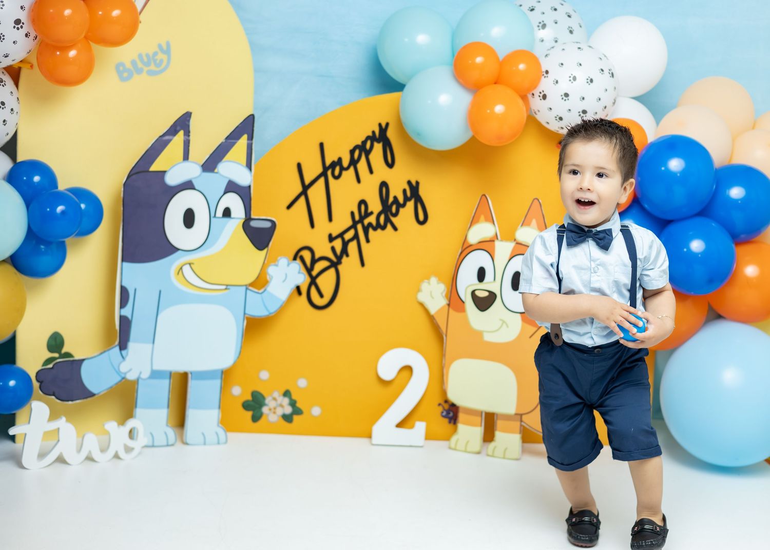 Toddler boy celebrates 2nd birthday with Bluey themed backdrop featuring balloons and Happy Birthday sign.