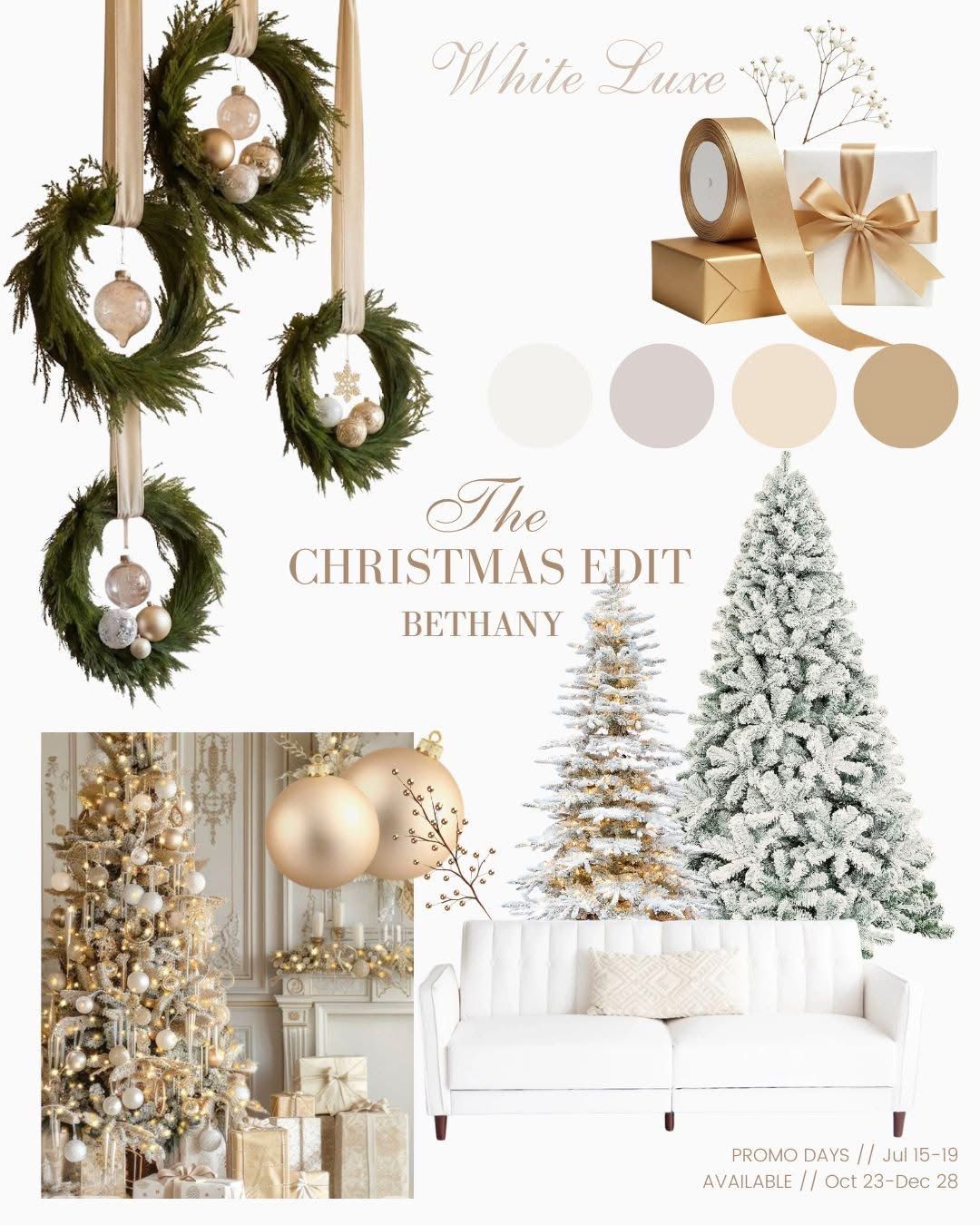 White Luxe Christmas Edit mood board featuring flocked trees, gold ornaments, green wreaths, and elegant ivory decor accents.