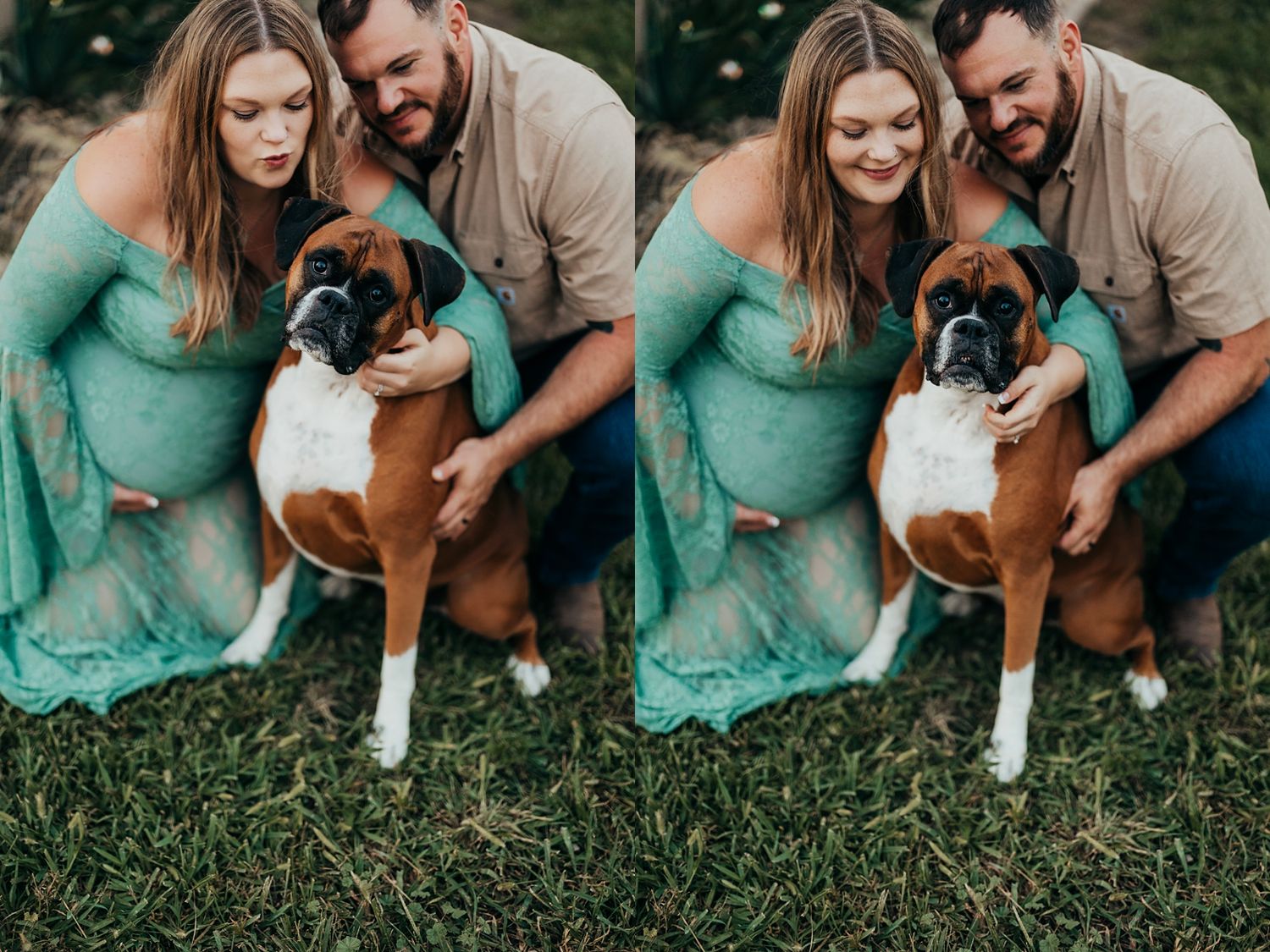 Pregnant woman in teal dress with husband and boxer dog posing for maternity photo shoot outdoors.