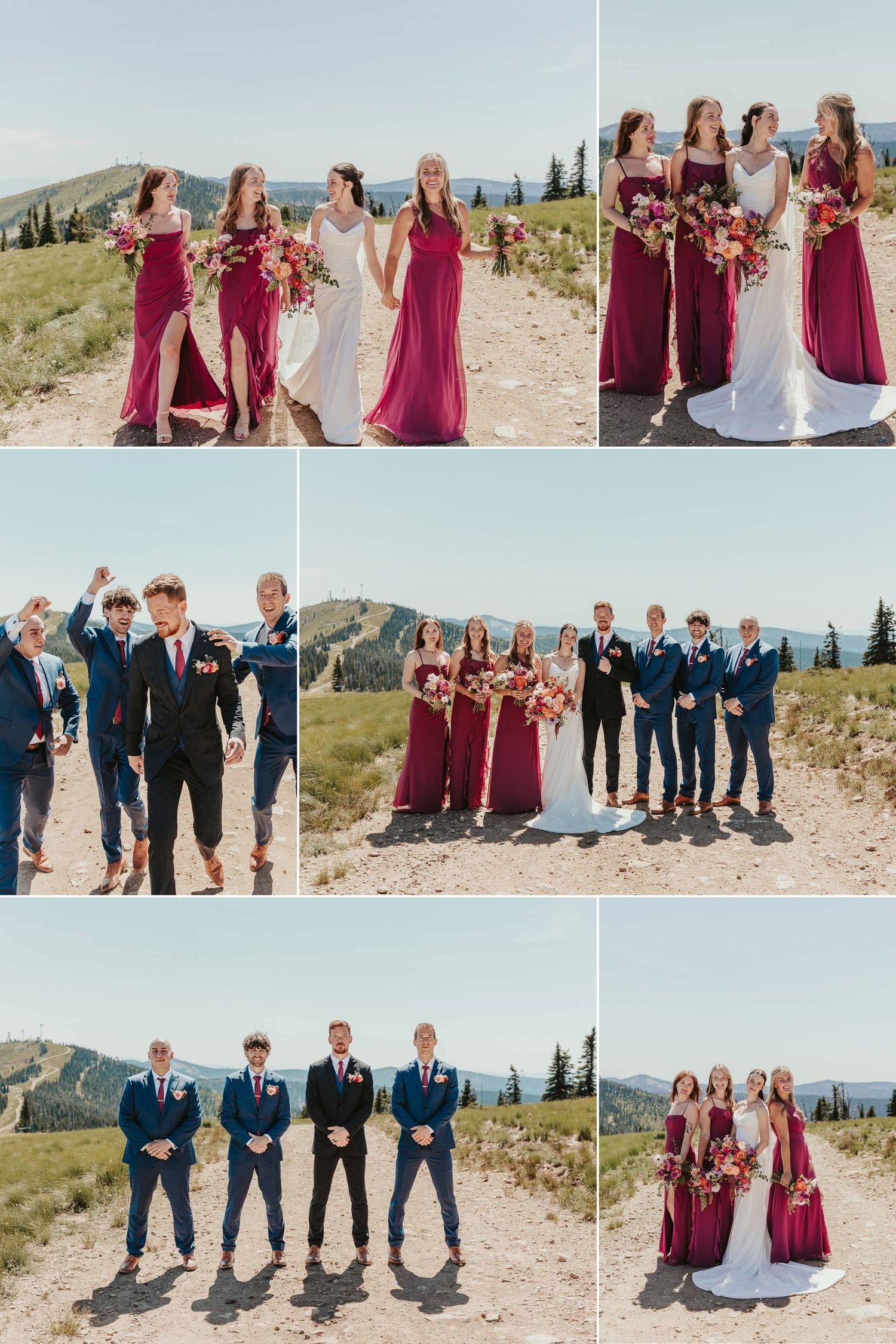 Bridesmaids in colorful dresses photographed against North Idaho mountain views