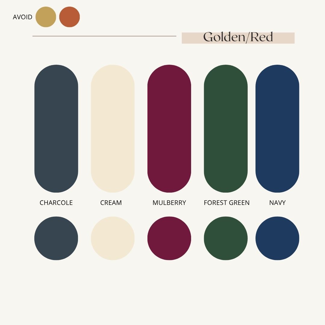 Color palette showing rounded rectangular swatches in lavender, silver, emerald, crimson and sapphire hues with labels.
