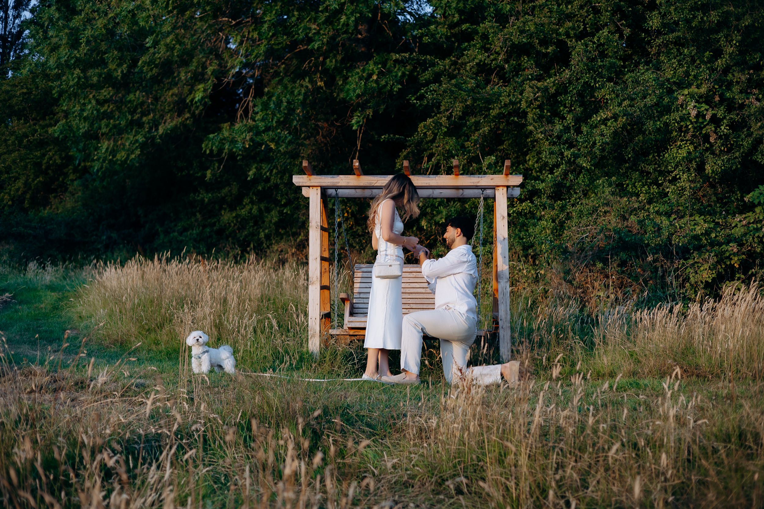 Romantic proposal at Foxhill Manor with Cotswolds countryside views.