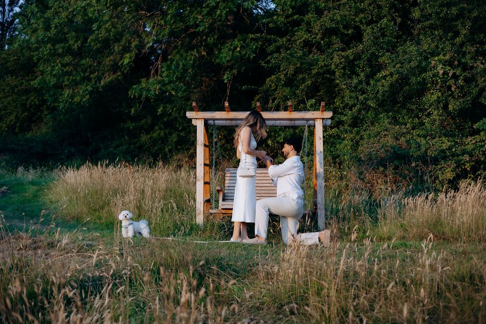 Romantic proposal at Foxhill Manor with Cotswolds countryside views.