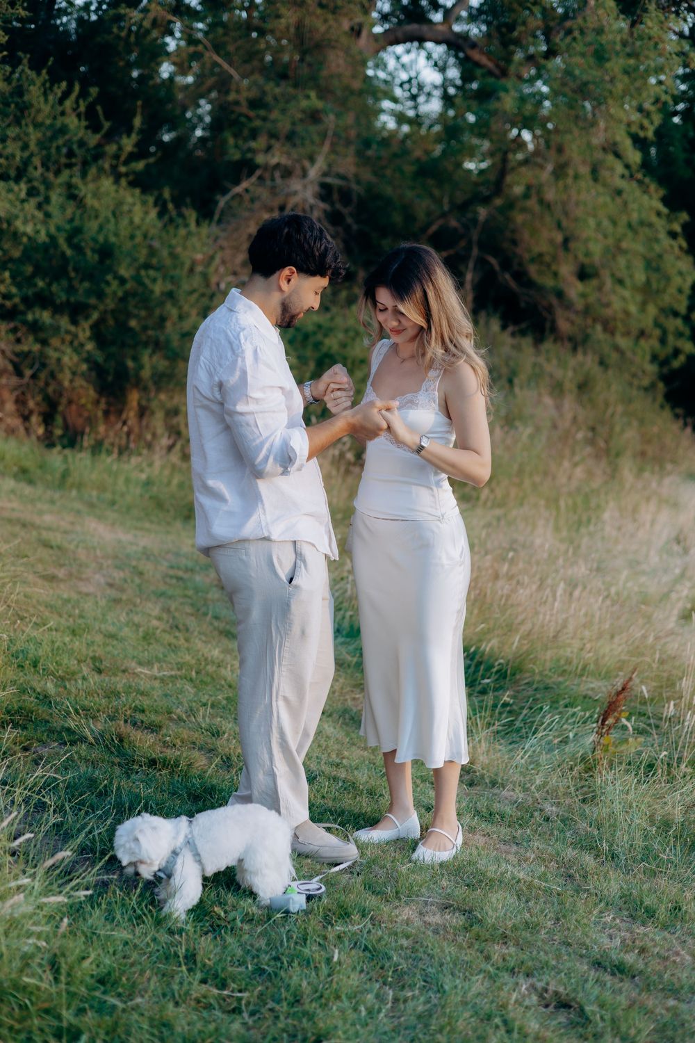 Couple walking together after a Foxhill Manor proposal.