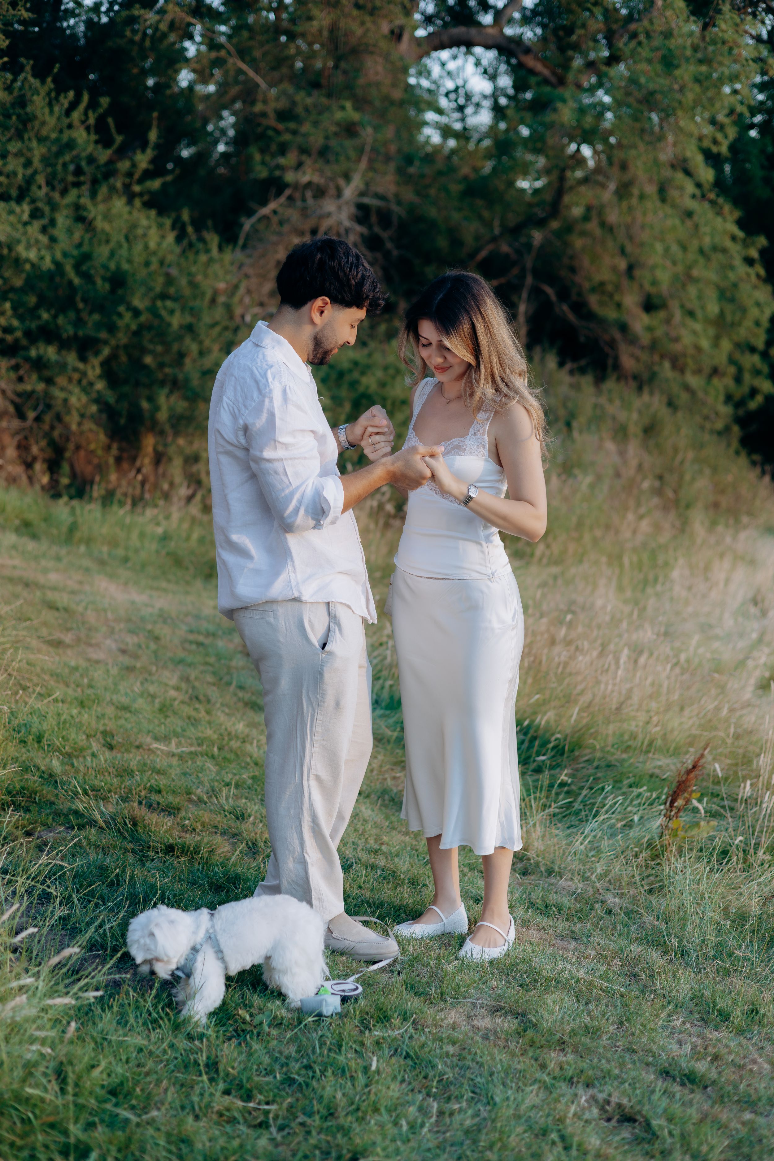 Couple walking together after a Foxhill Manor proposal.