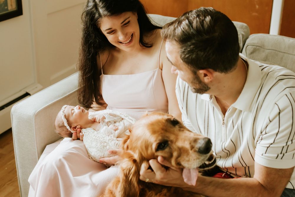 A couple smiles at their newborn baby while a golden retriever dog looks on, sitting together on a couch.