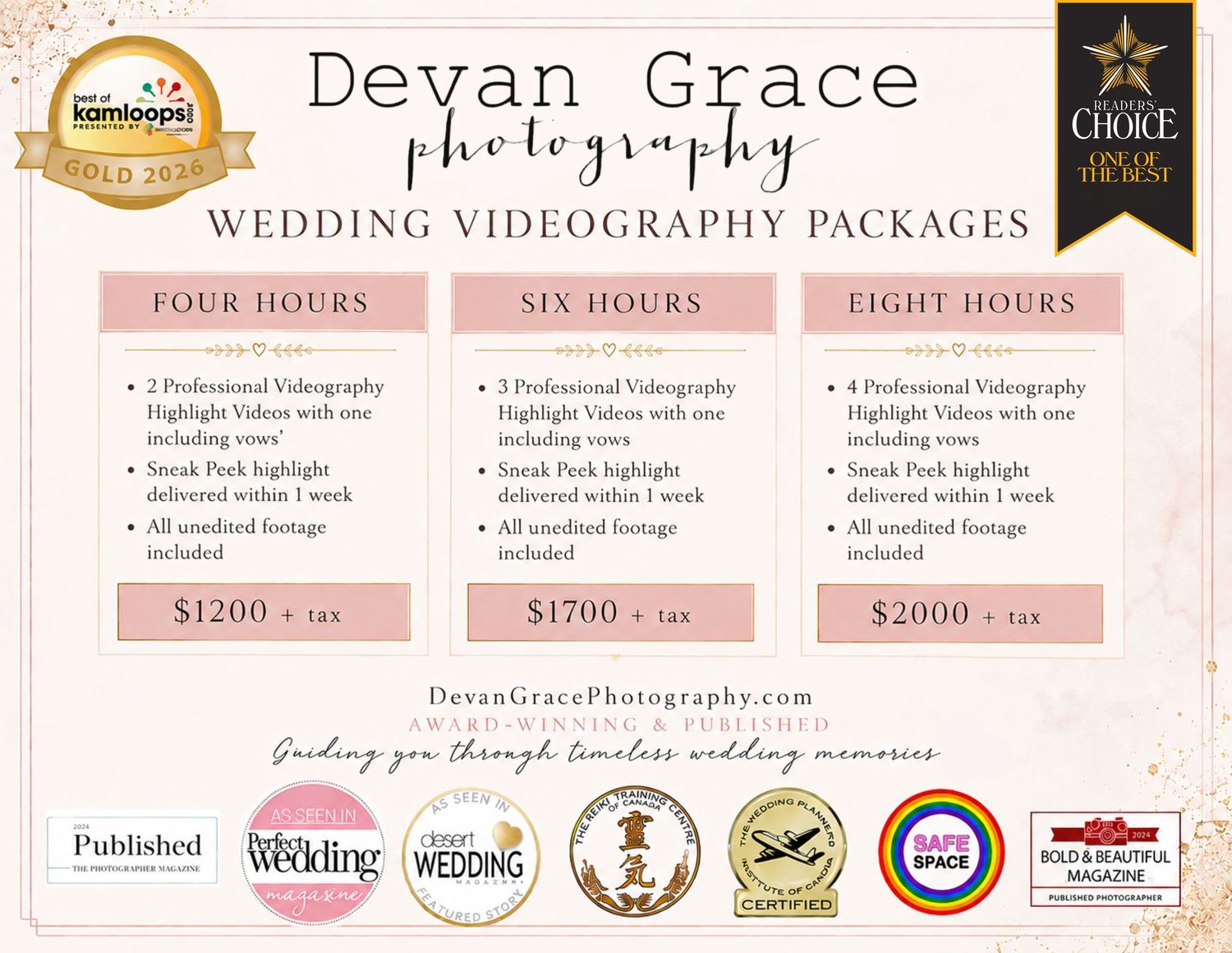 Devan Grace Photography wedding videography packages flyer showing four, six, and eight hour options starting at $1200.