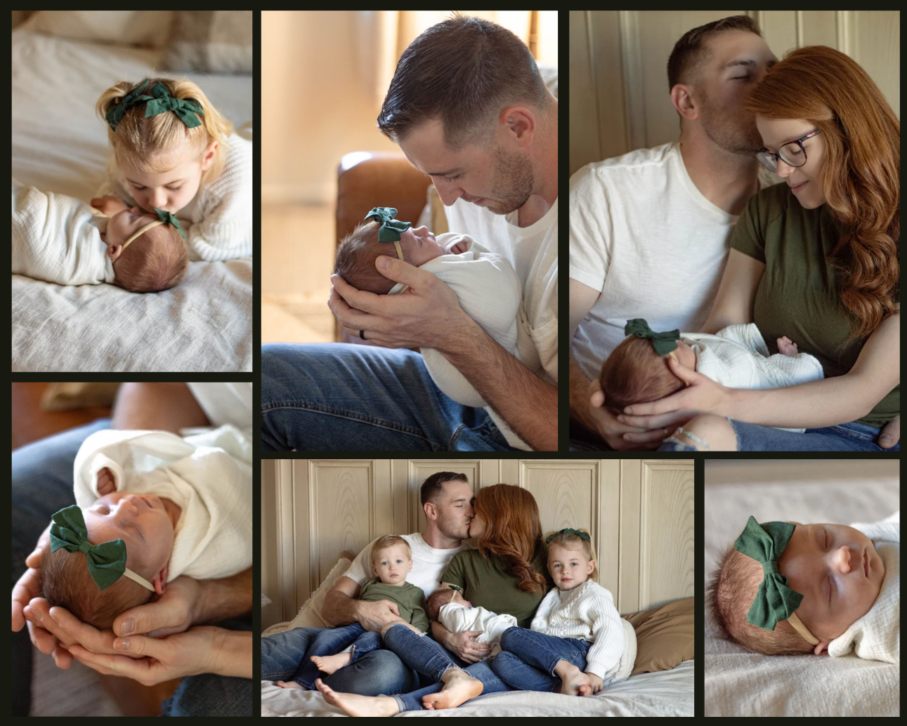 Family embraces each other and their newborn baby in an in-home photo session in Vail, Arizona.