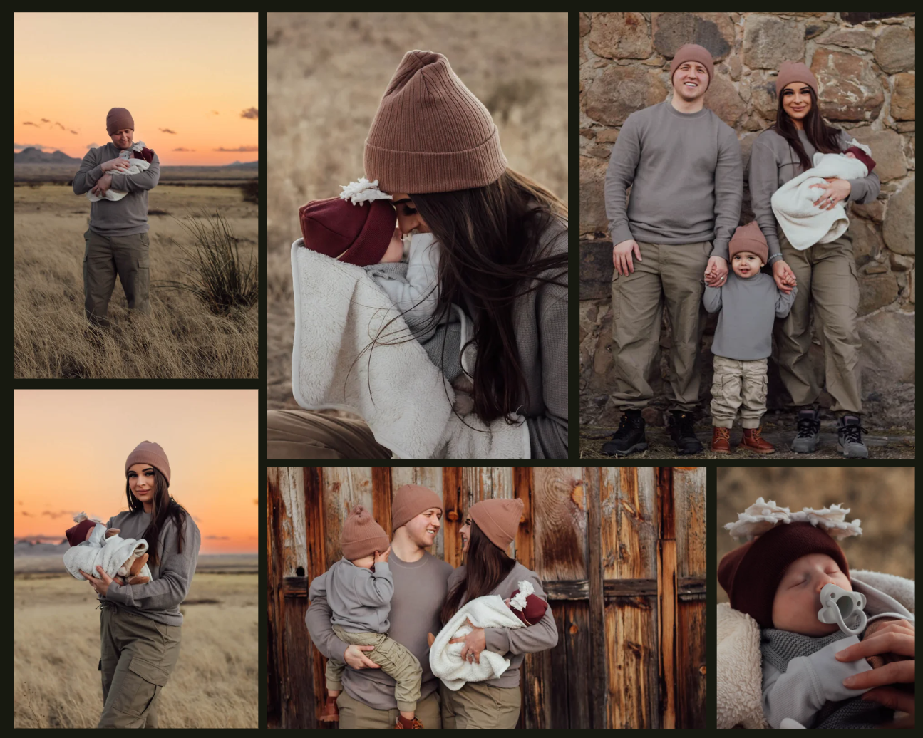 Family bundled up in warm clothes takes pictures in a field in front of mountains with their newborn in Oro Valley, Arizona.
