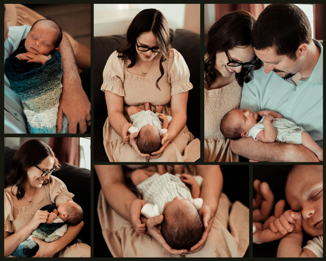 Indoor, lifestyle newborn photoshoot with mom and dad embracing baby in Vail, Arizona.