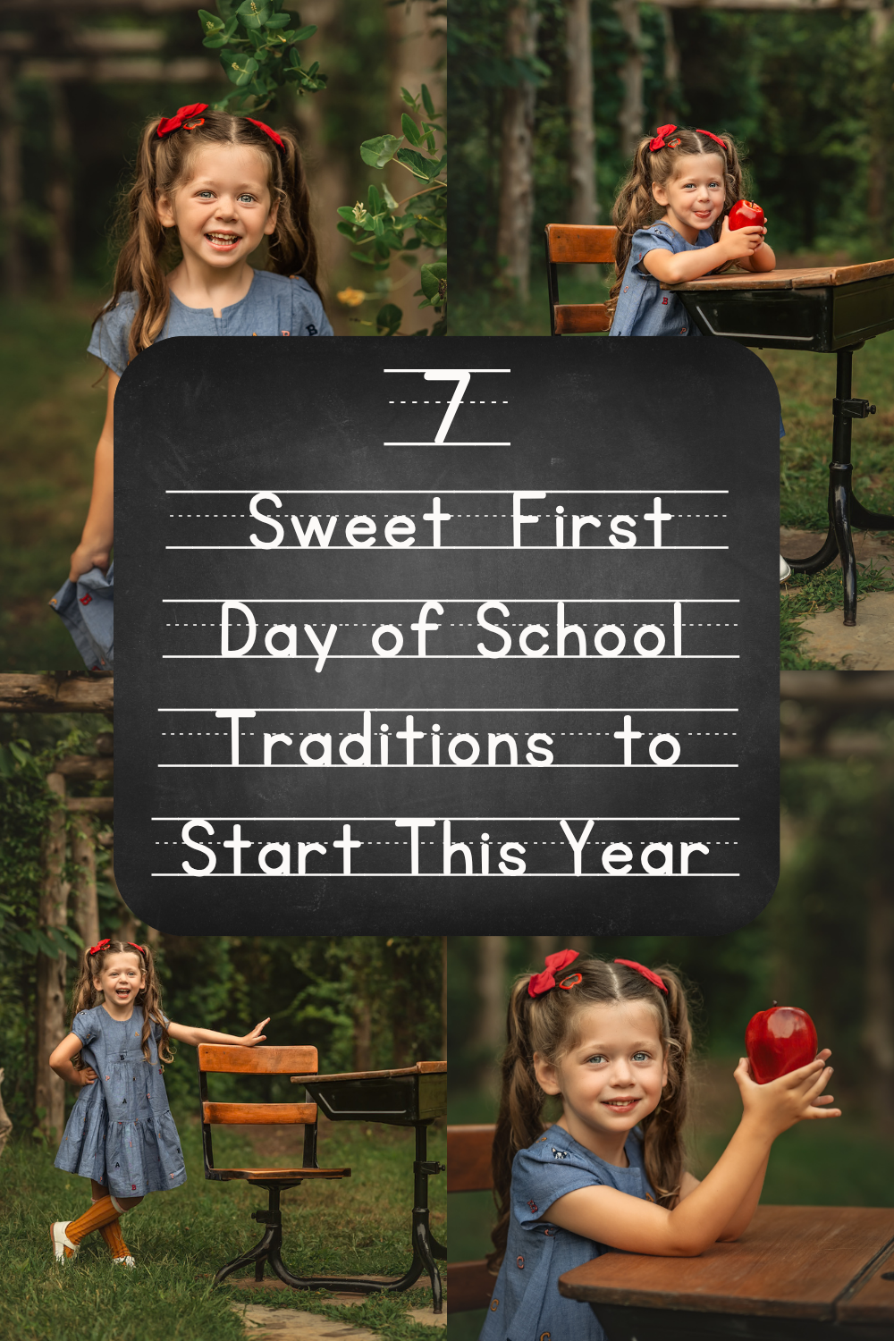 Young girl in denim dress with red bow poses by vintage school desk outdoors for first day of school photos.