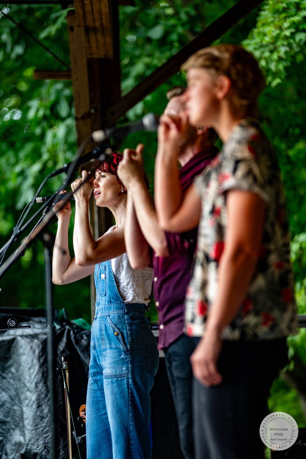 Female singer in denim overalls performs at outdoor music event with bandmates behind her.