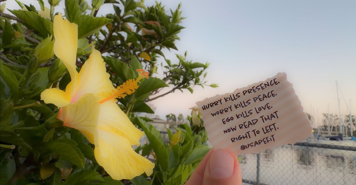 Yellow hibiscus flower in bloom held near a handwritten note card with a marina in the background.