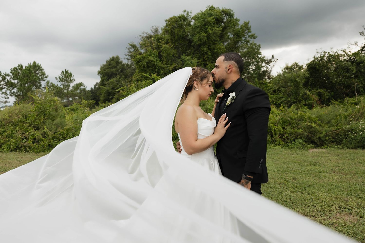 Bride and groom share a romantic kiss outdoors as her white veil flows dramatically in the wind against a lush green backdrop.