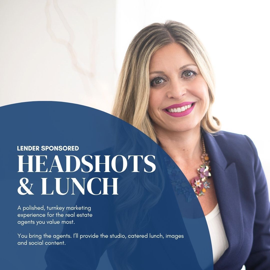 Lendor sponsored Headshots & Lunch event flyer featuring a smiling woman in a blue blazer.