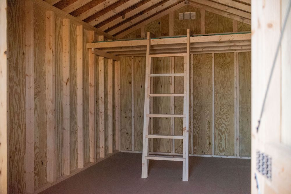 Interior of a wooden shed with a loft ladder, pine walls, and open framing construction.