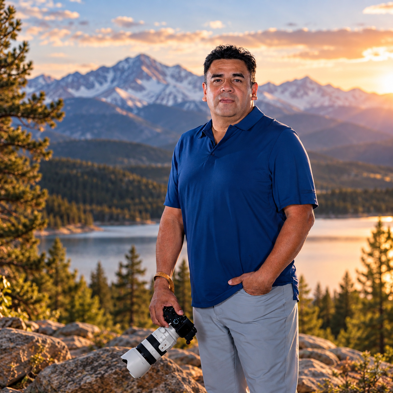 Male photographer sitting on rocks holding camera with mountain skyline and sunset backdrop.