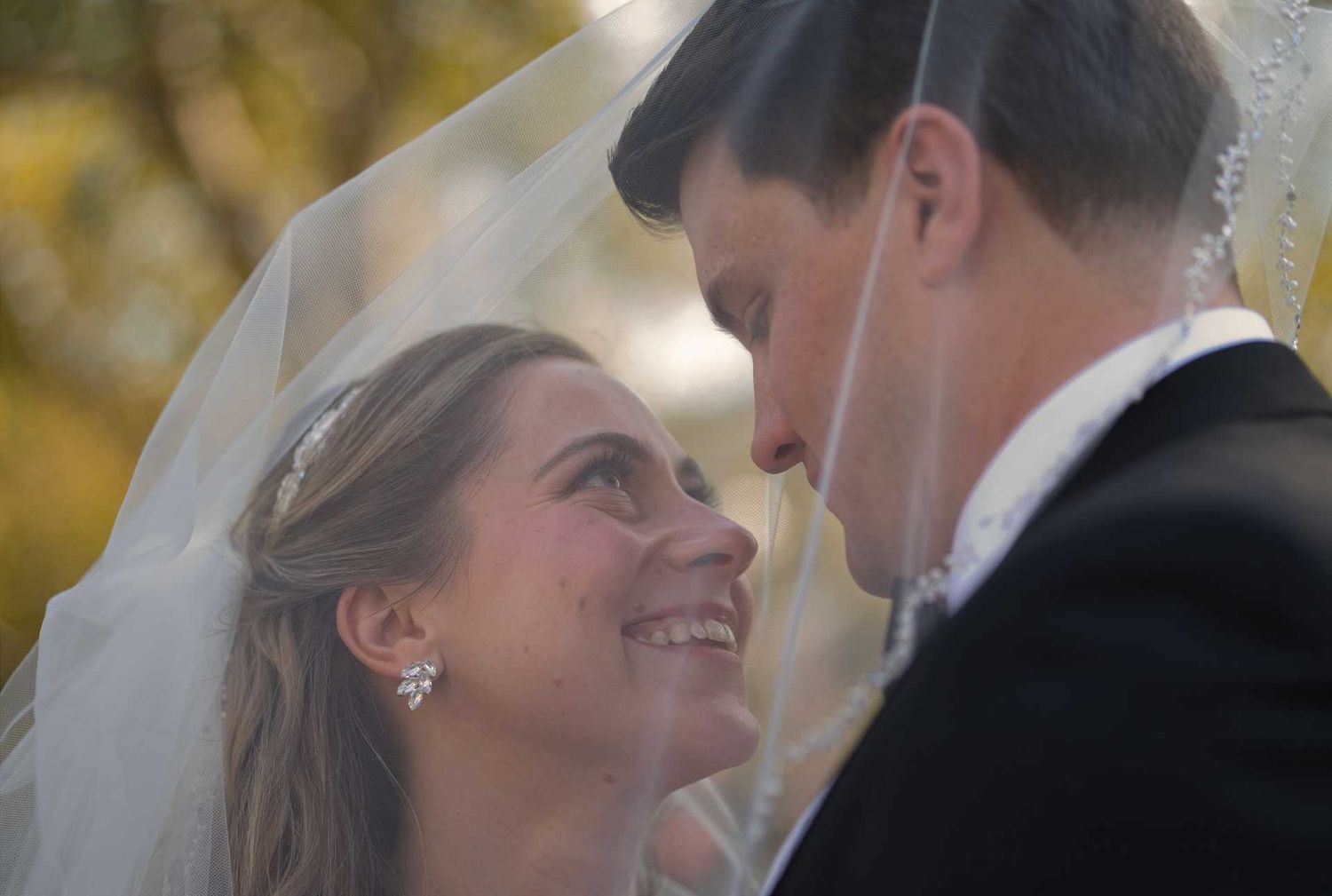 Bride and groom sharing an intimate moment under a wedding veil,