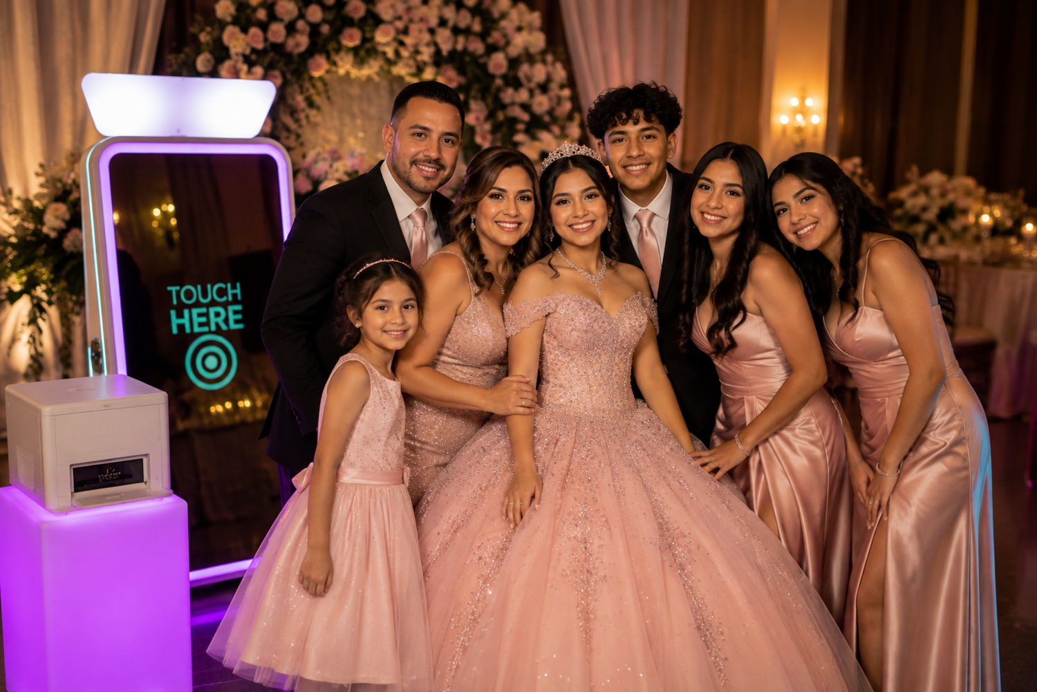 Dallas quince photo booth rental with premium 5x7 prints, unlimited sessions and custom Mirror Booth designs for DFW quince parties Texas