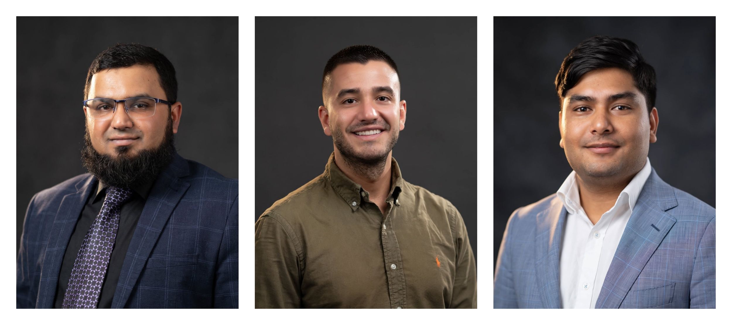 Three professional men in business attire posing for formal headshots against a gray studio background.