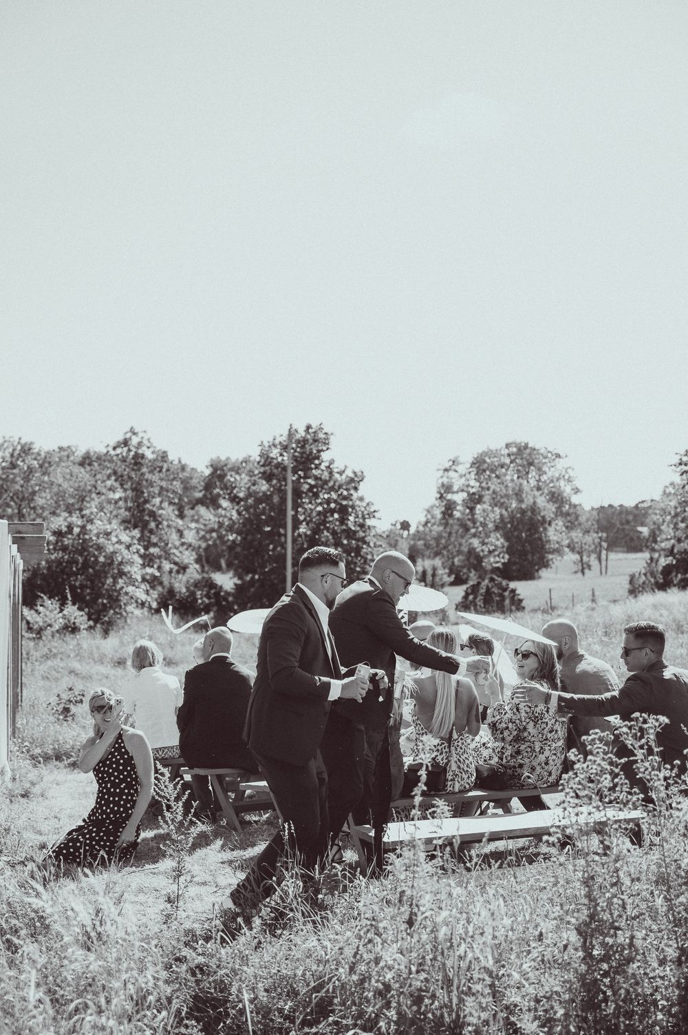 Black and white photo of elegantly dressed guests gathered outdoors for a wedding ceremony surrounded by lush greenery.