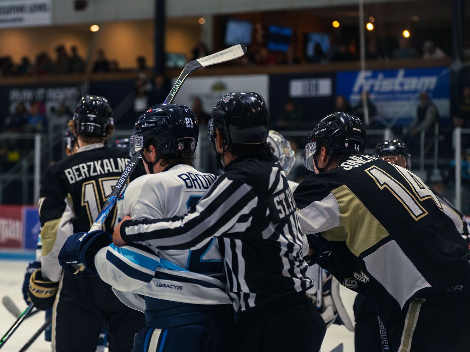 A striped linesman wedges between a white Capitols player number 21 and black-and-gold Lumberjacks players to break up a post-whistle scrum.