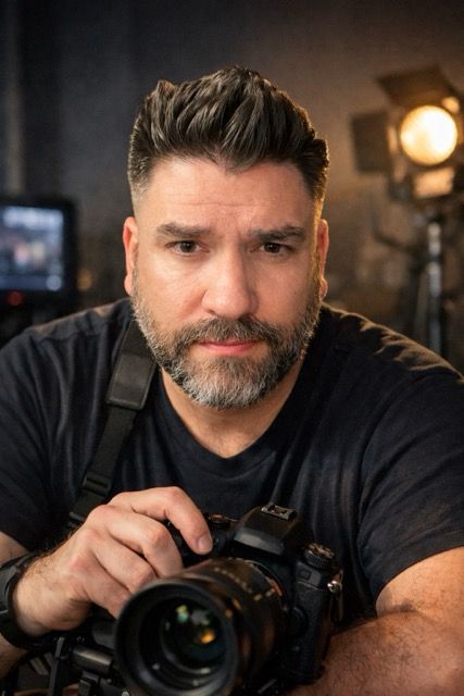 Professional male photographer in Fayetteville NC holding a professional camera in his studio with lighting equipment in the background.