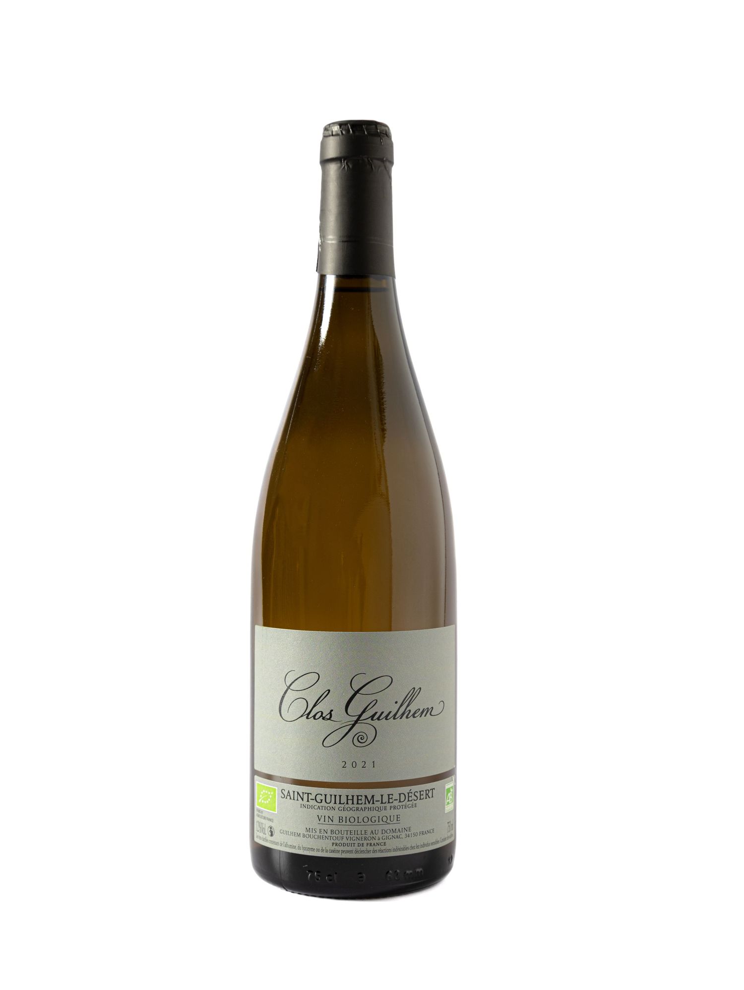 Clos Guilhem Pays d'Hérault red wine bottle with dark label, 750ml organic French wine from Languedoc region.