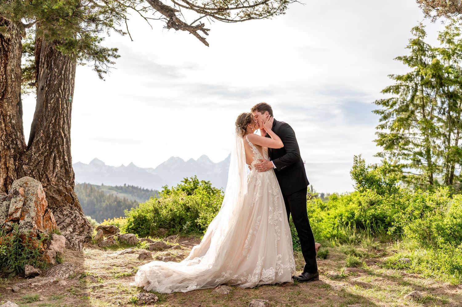 First Kiss at a Wedding Tree wedding in Jackson Hole