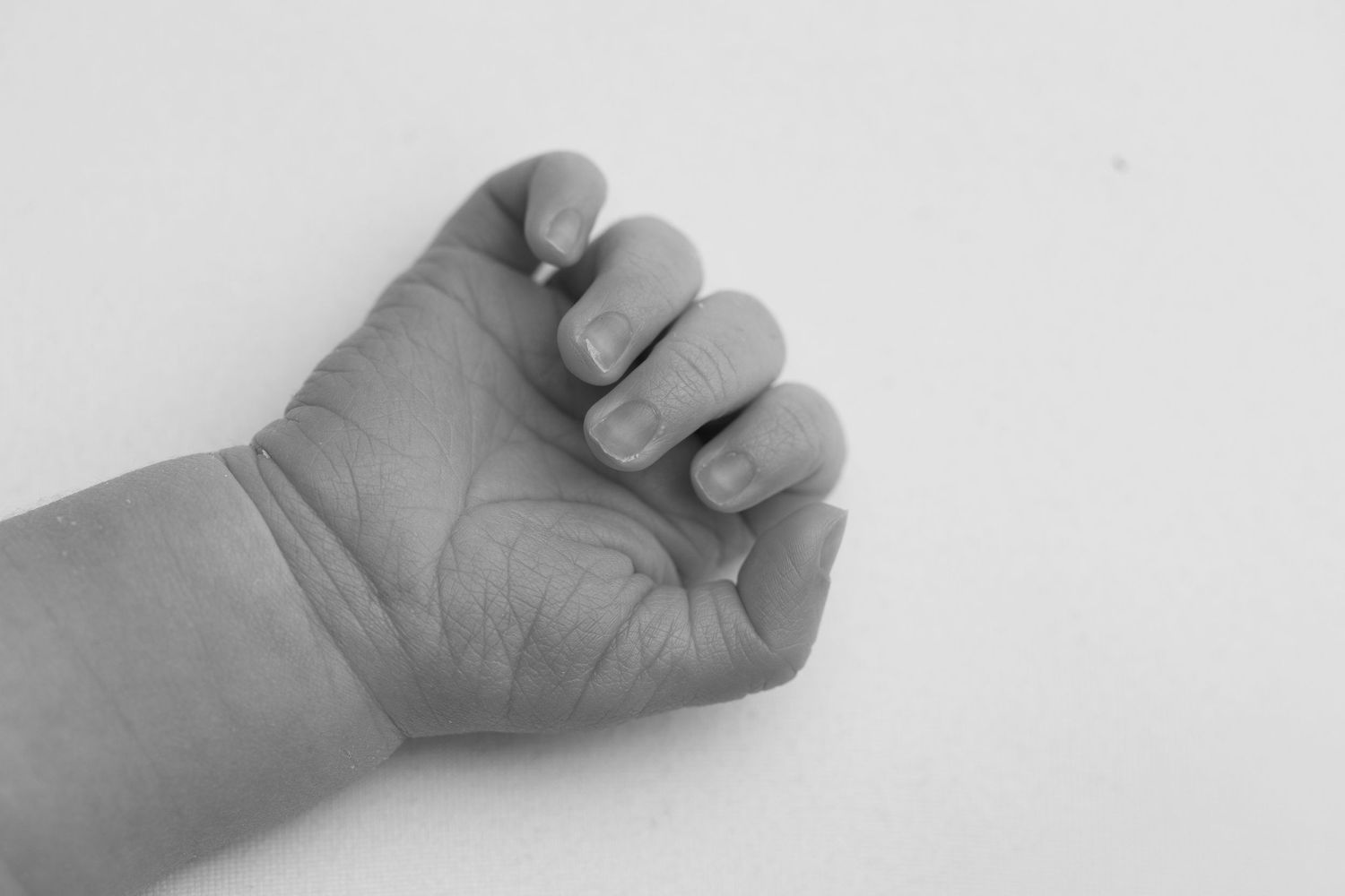 Close-up black and white photo of a newborn baby's tiny clenched fist against a white background.