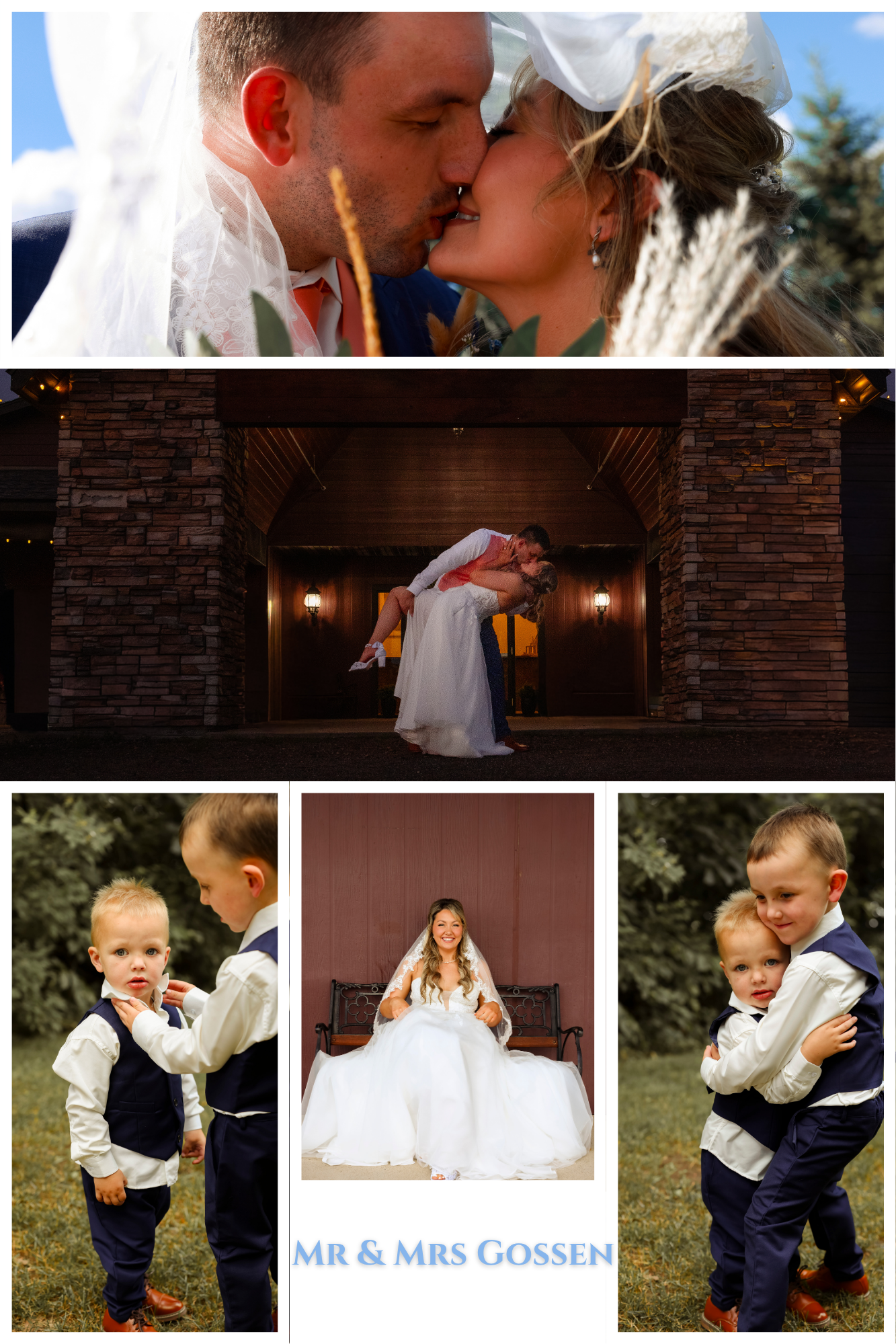 Wedding collage of Mr & Mrs Gossen kissing, groom lifting bride, and two young boys in navy suits at outdoor ceremony.