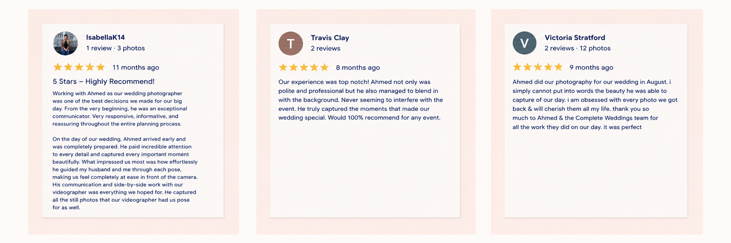 Three five-star customer reviews displayed on a white background praising a highly recommended service.