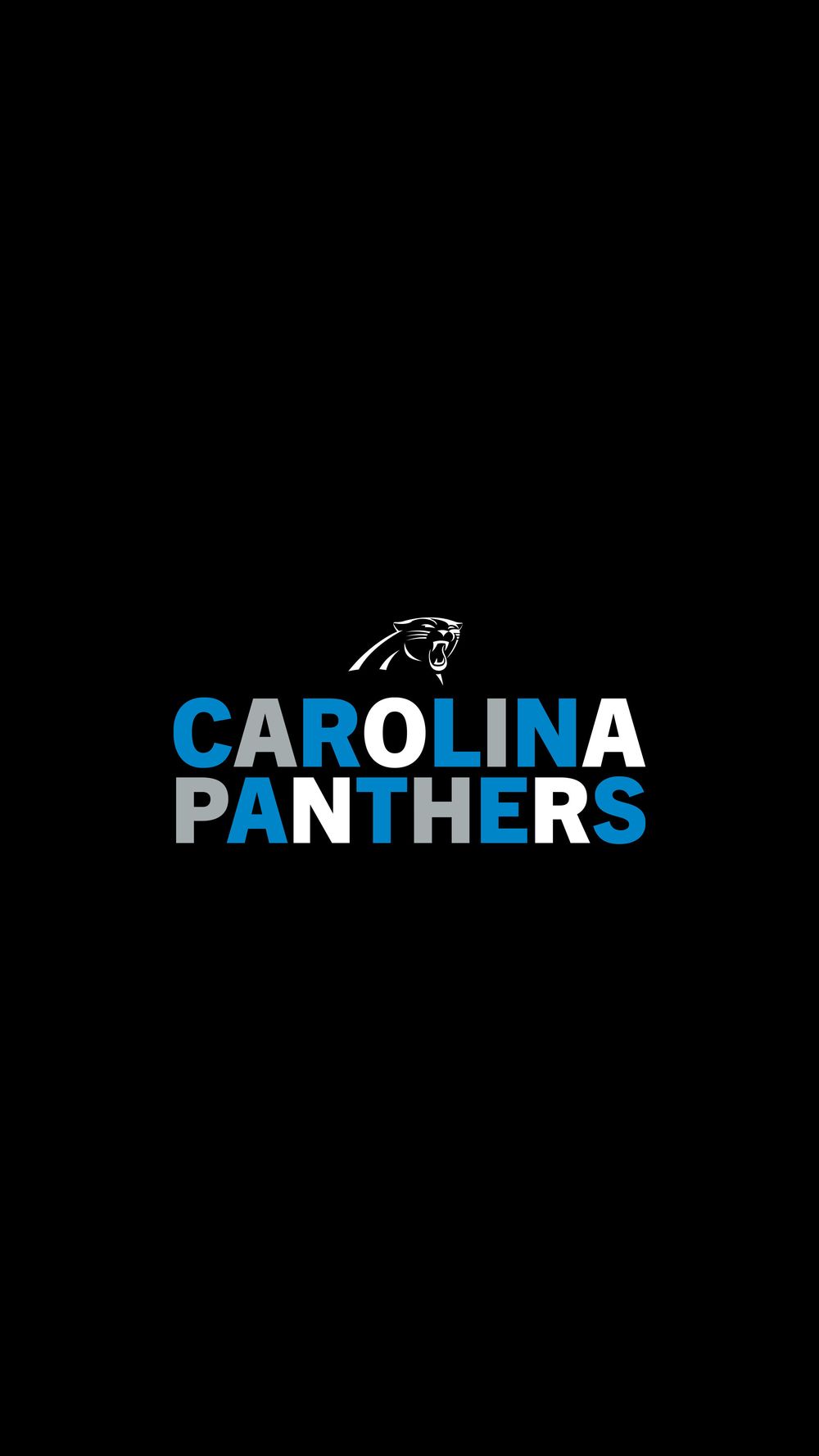 Minimalist Carolina Panthers black wallpaper featuring blue and gray team name with panther logo.