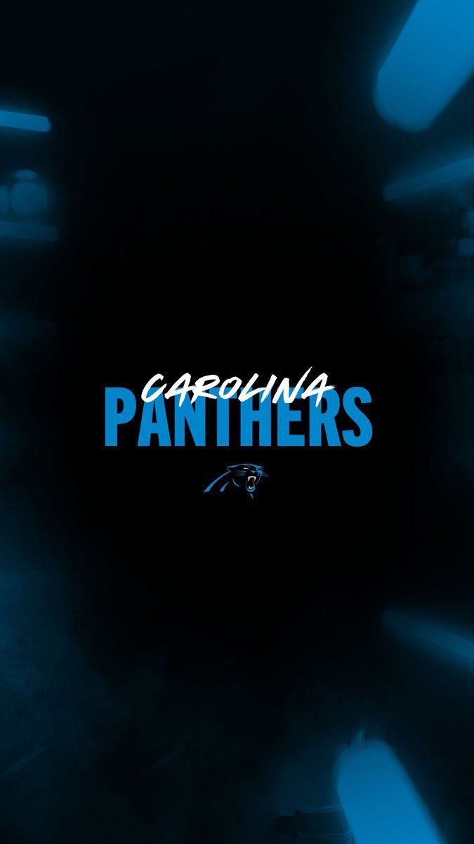 Dark moody Carolina Panthers logo wallpaper with blue atmospheric lighting and team name text.