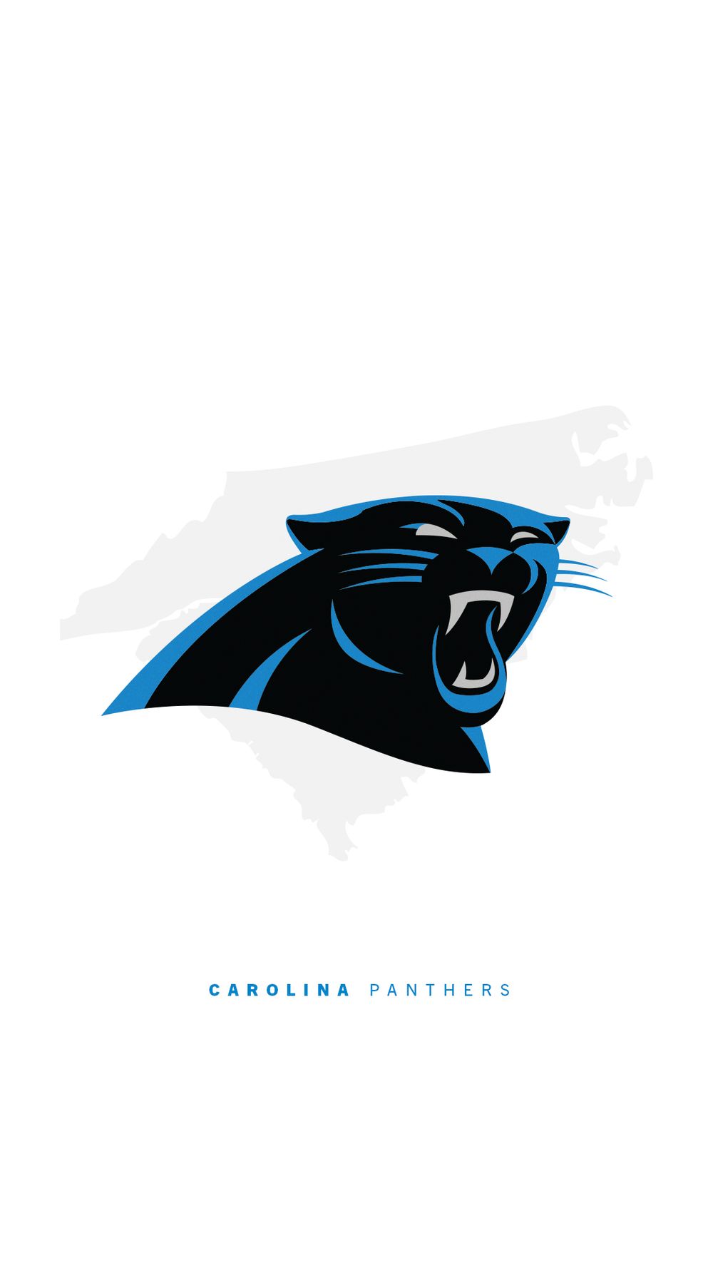 Clean white Carolina Panthers logo wallpaper featuring panther head over North Carolina state outline.