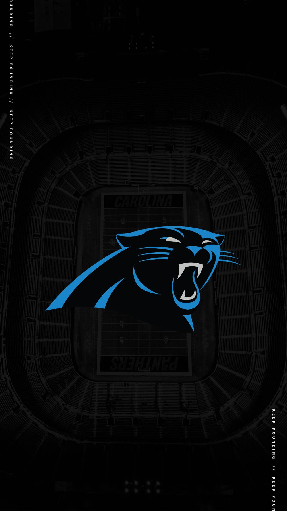 Carolina Panthers logo wallpaper with aerial stadium view of Bank of America Stadium on dark background.