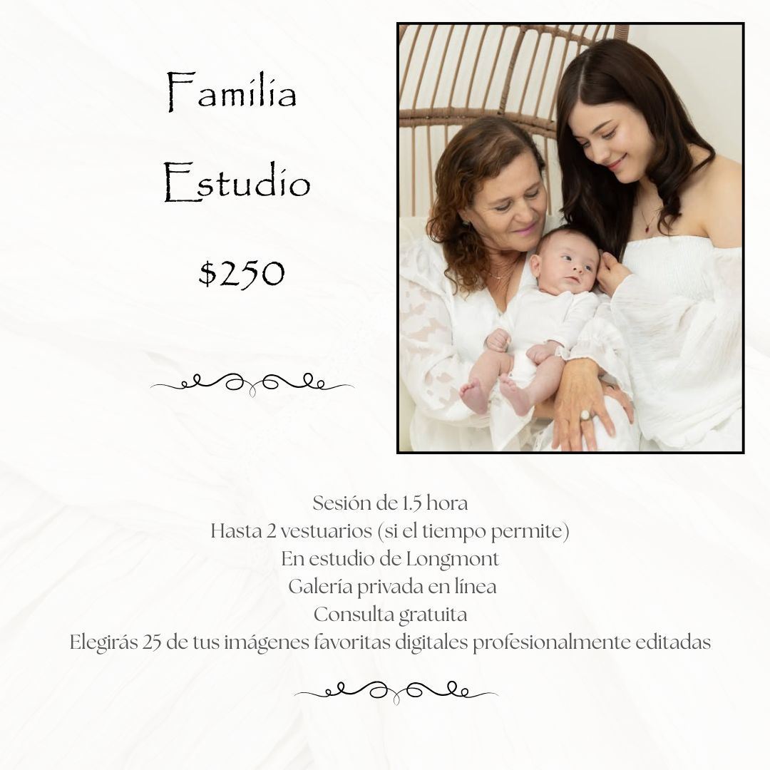 Family studio photography session promo at $250 featuring a grandmother, mother, and newborn baby in white outfits in Longmont.