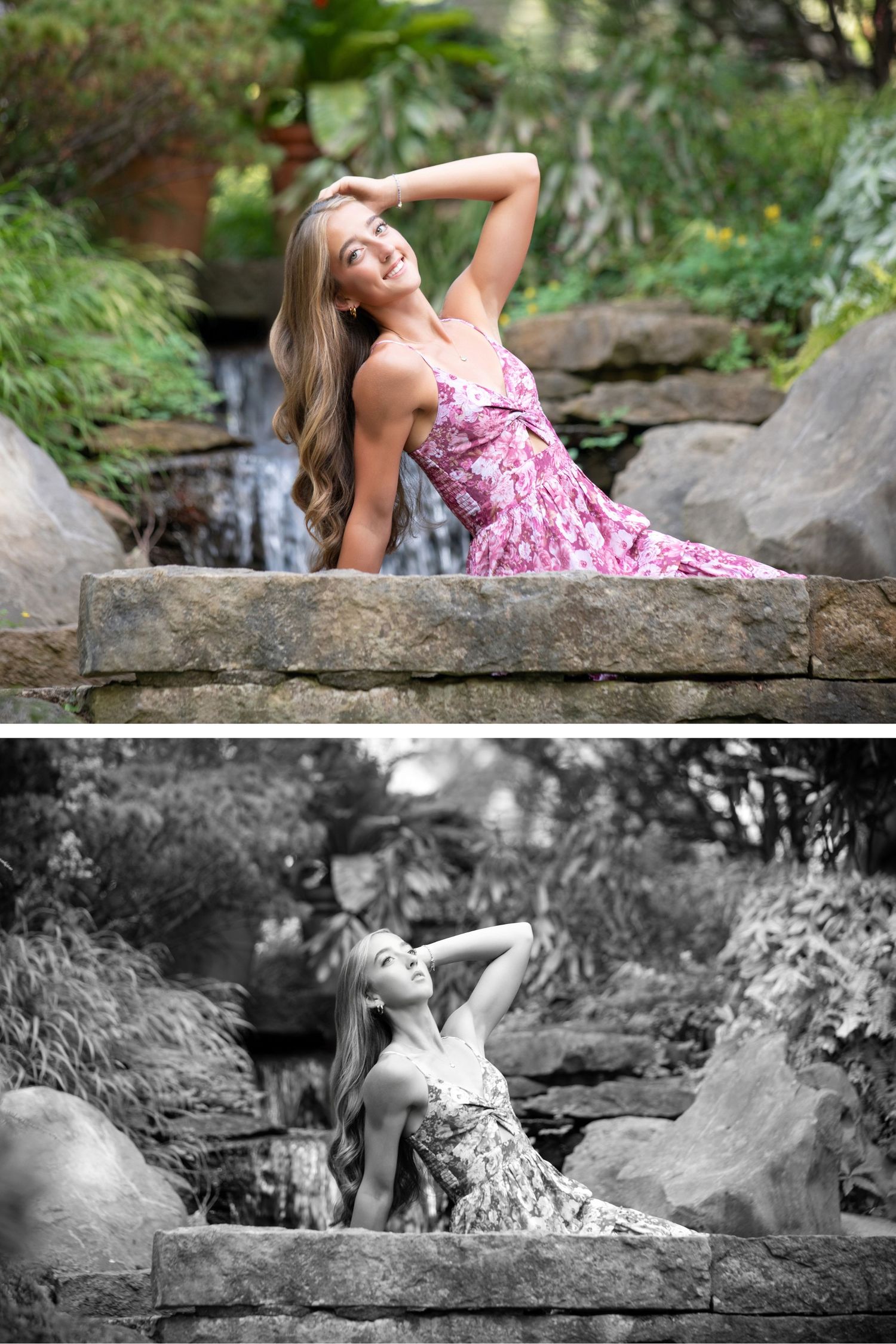 Olentangy Liberty senior portrait at Inniswood Gardens with pink floral dress, stone bridge, and waterfall backdrop.