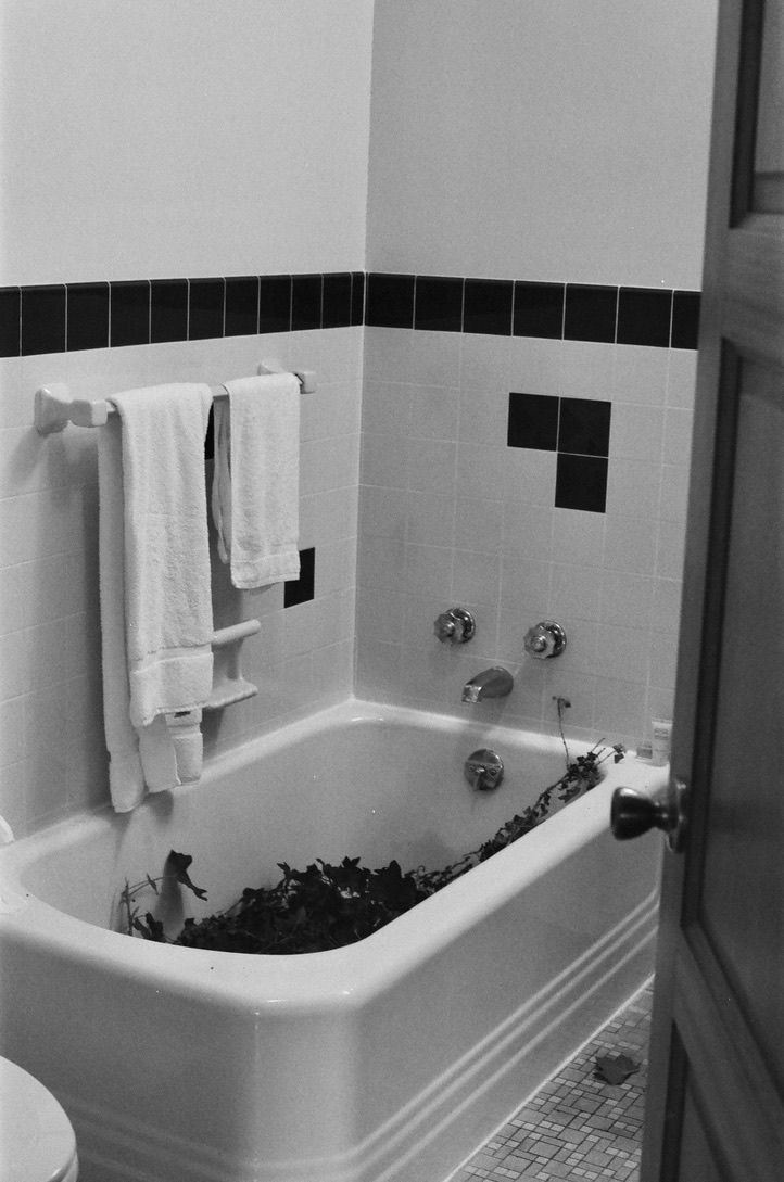Black and white photo of a vintage bathroom with a clawfoot tub filled with plants, white tiles, and towels on a rack.