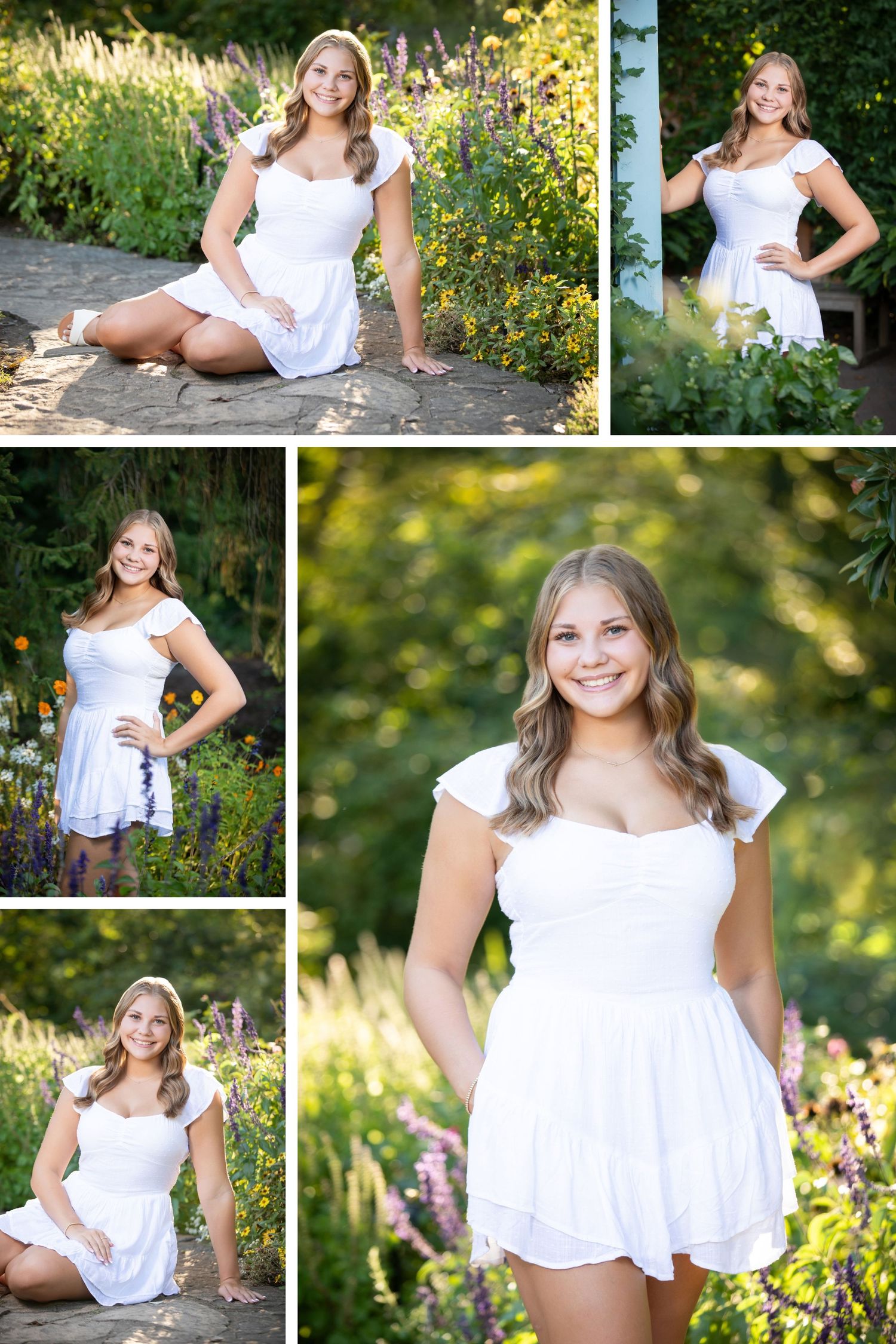 Olentangy senior photos at Inniswood Metro Gardens with colorful blooms, garden paths, and glowing natural light.