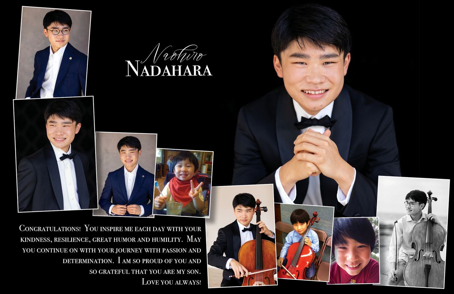 Nadahara music student collage featuring a young violinist and cellist in formal attire with congratulatory text.
