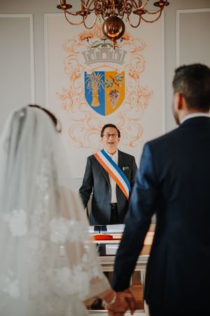 A couple holds hands before an officiant wearing a tricolor sash during a French civil wedding ceremony.
