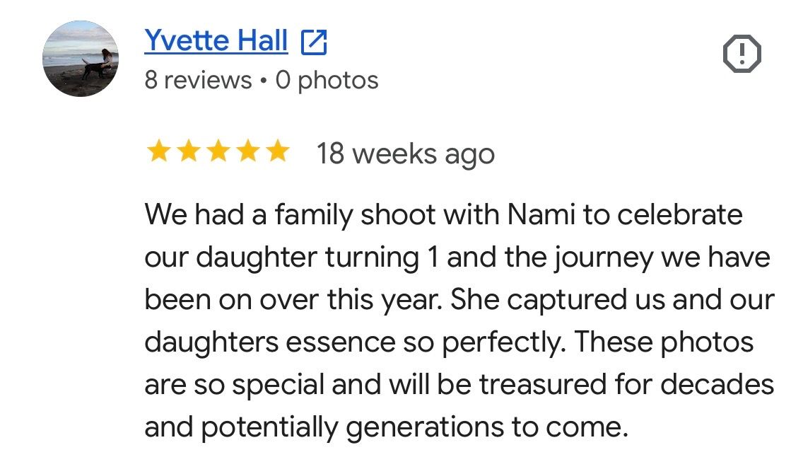 5-star Google review praising beautiful family portrait photos by Nami Creative, a women and family photographer in Raglan, New Zealand.