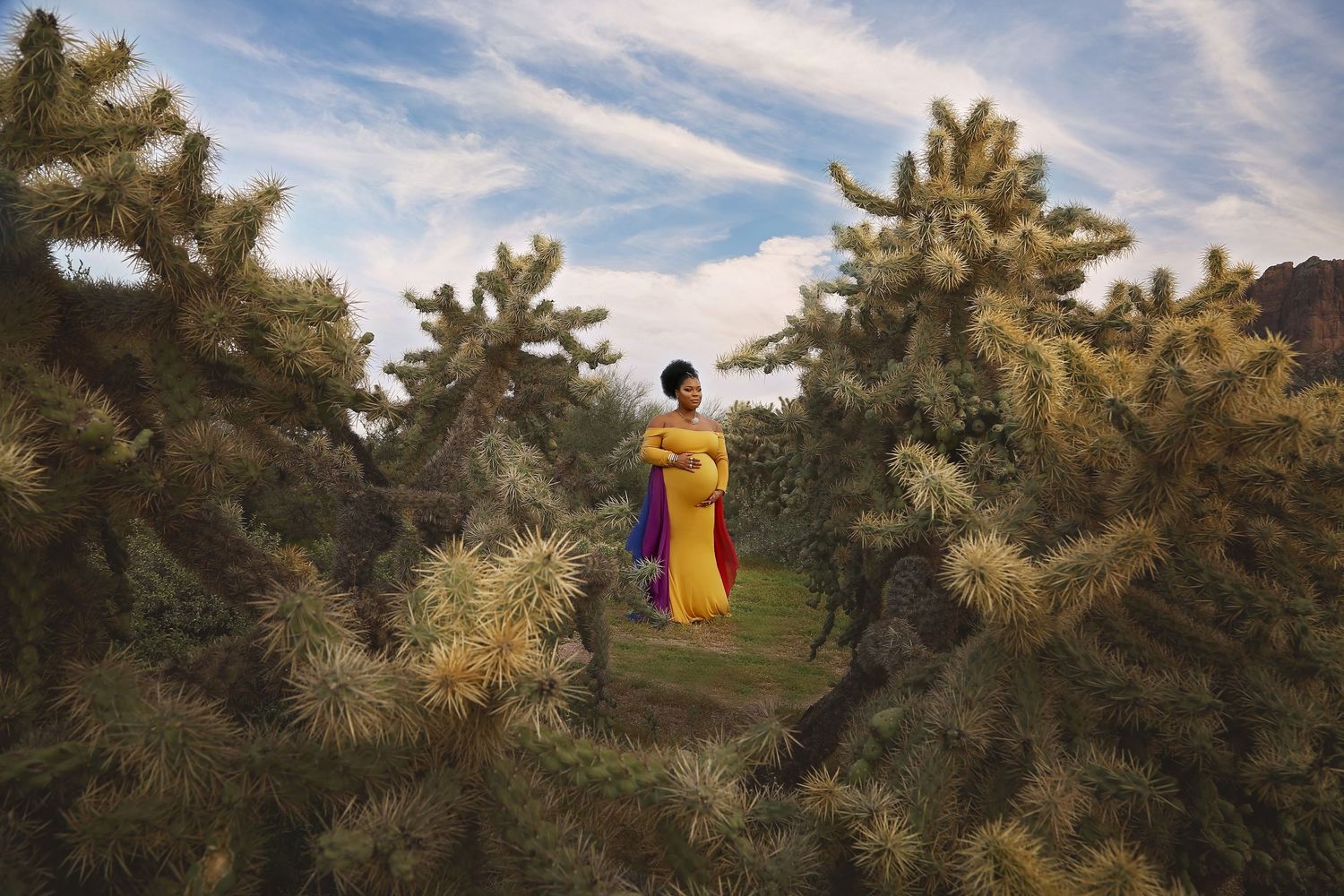 Pregnant woman in a flowing yellow and purple maternity gown stands among tall cholla cacti under a blue sky with wispy clouds.