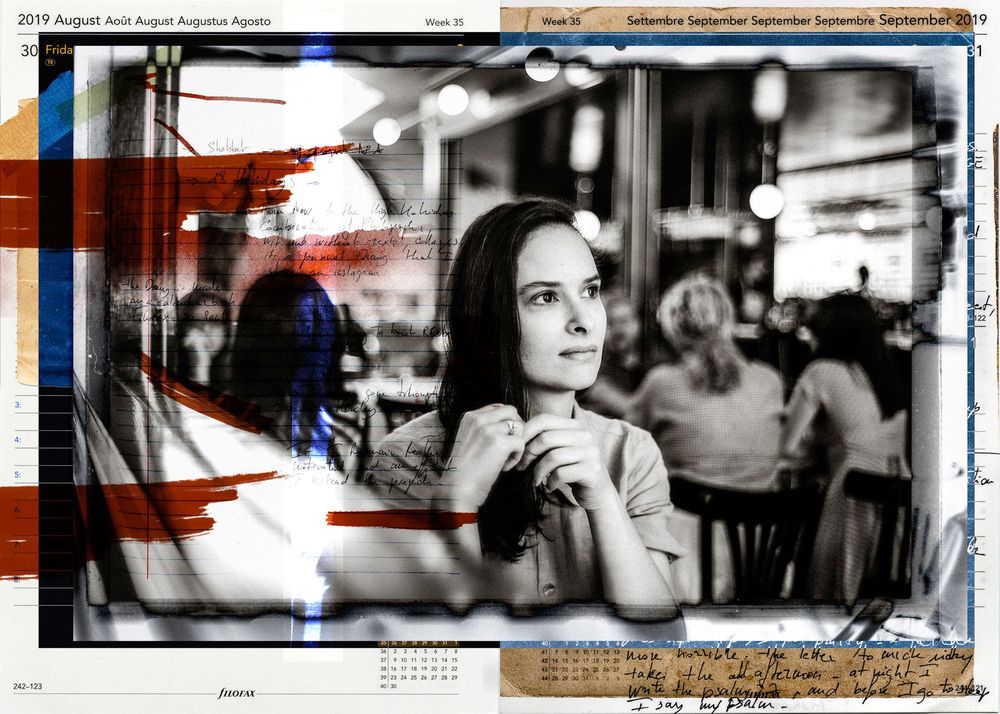 A pensive young woman sits in a café, captured in a vintage-style photo collage with calendar borders.