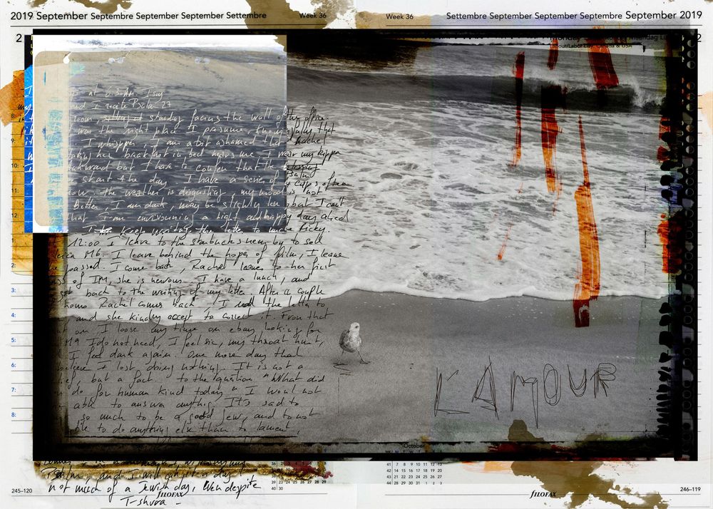 Collage artwork featuring handwritten notes, ocean waves, and text reading L'Amour with orange accents on a dark background.