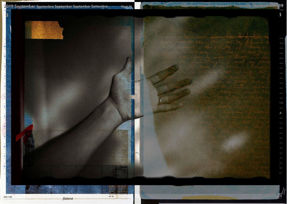 Artistic double exposure photograph showing hands against a body with vintage text overlay in muted tones.