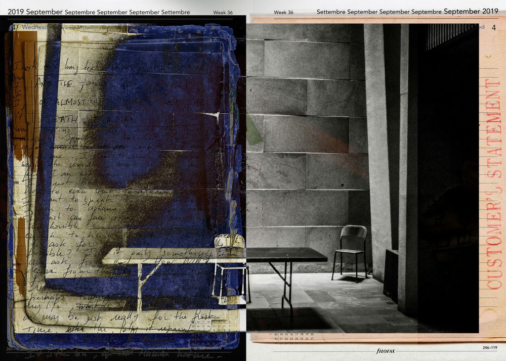 Artistic collage featuring a shadowy figure over handwritten text beside a minimalist room with a metal chair and table.