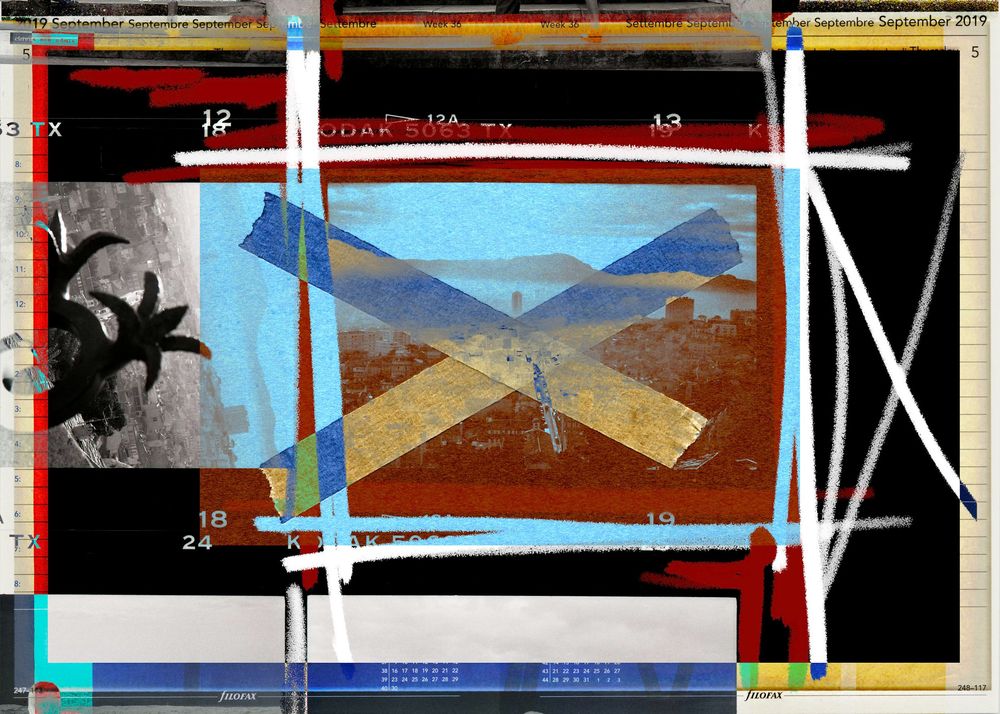 Abstract digital collage with overlapping geometric shapes, landscape imagery, and red lines on a mixed-media background.